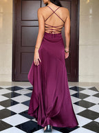 Flowering Girl Women red wine suspender slits maxi dress