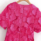 modesty Puff sleeve V-neck embroidery midi dress in rose red