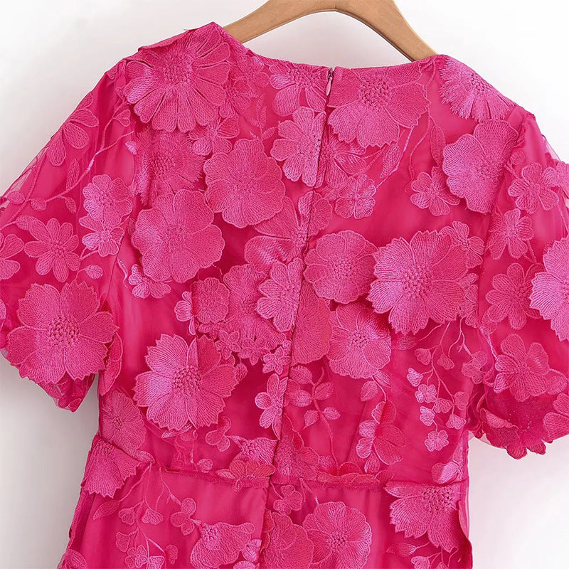 Modesty Puff Sleeve V-Neck Embroidery Midi Dress In Rose Red