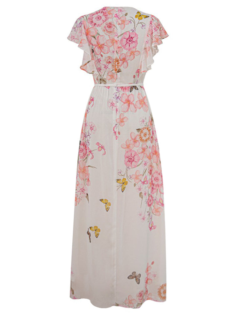 White Floral Flying Sleeves Maxi Dress