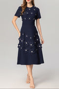 katherine 3d flower appliqué midi dress in navy blue