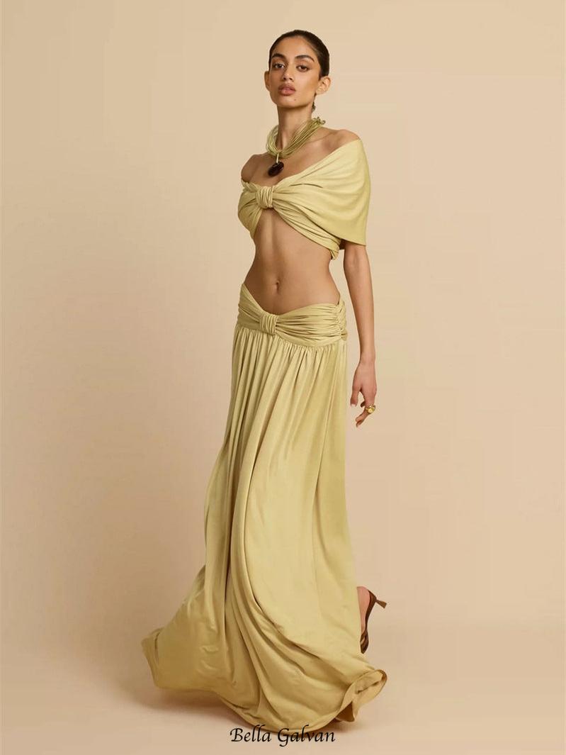 pleated top & maxi skirt set - gold
