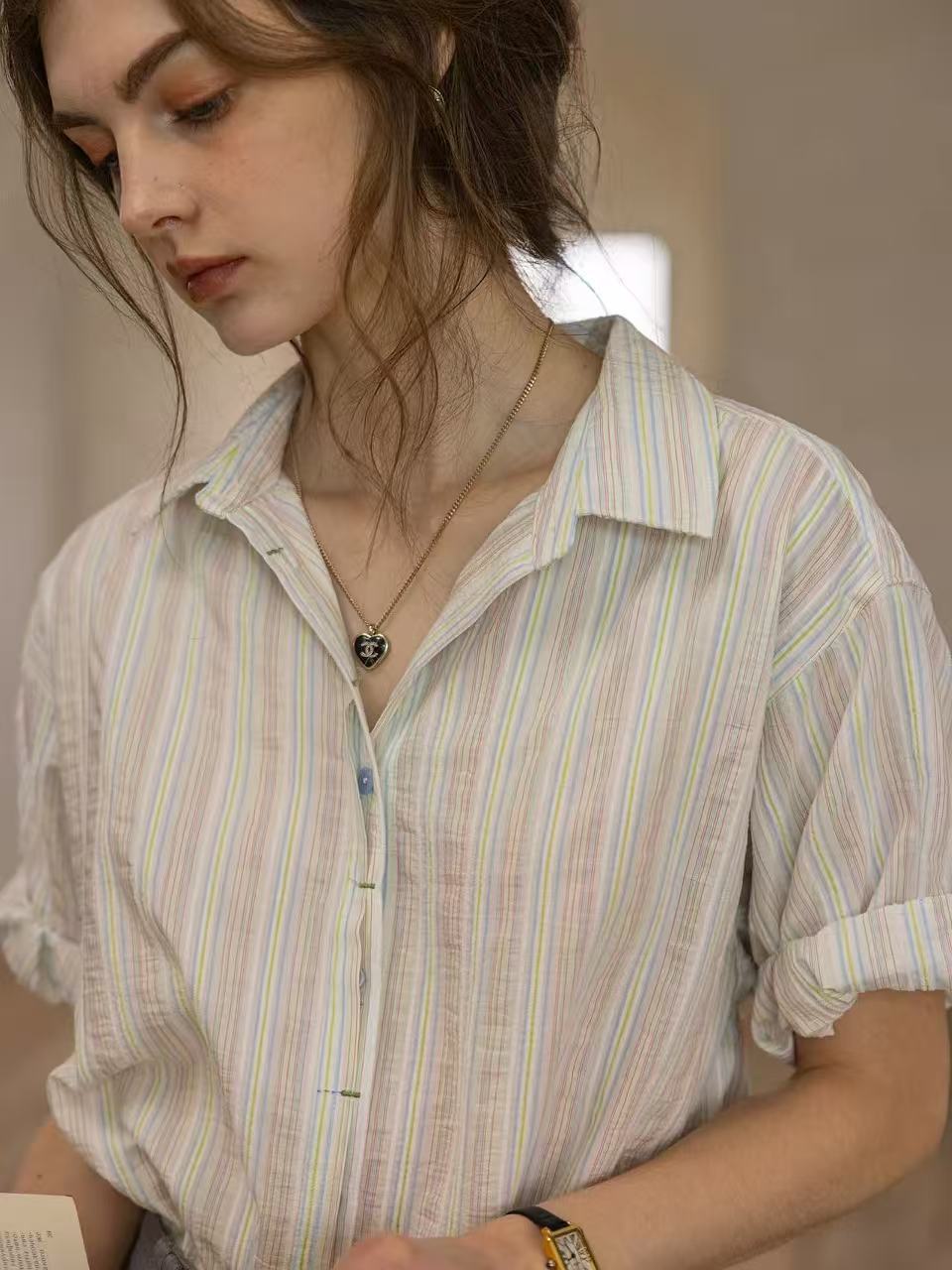Flowering Girl Women striped color-block patched rolled-sleeve shirt