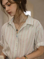 Flowering Girl Women striped color-block patched rolled-sleeve shirt