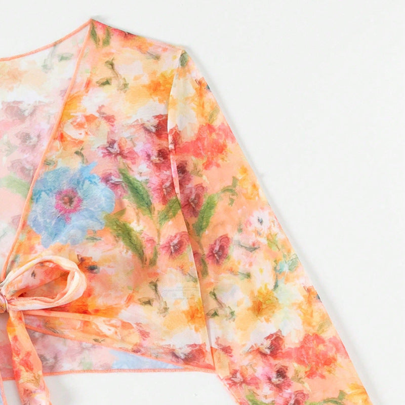 Flowering Girl Women printed long-sleeve split cover-up bikini