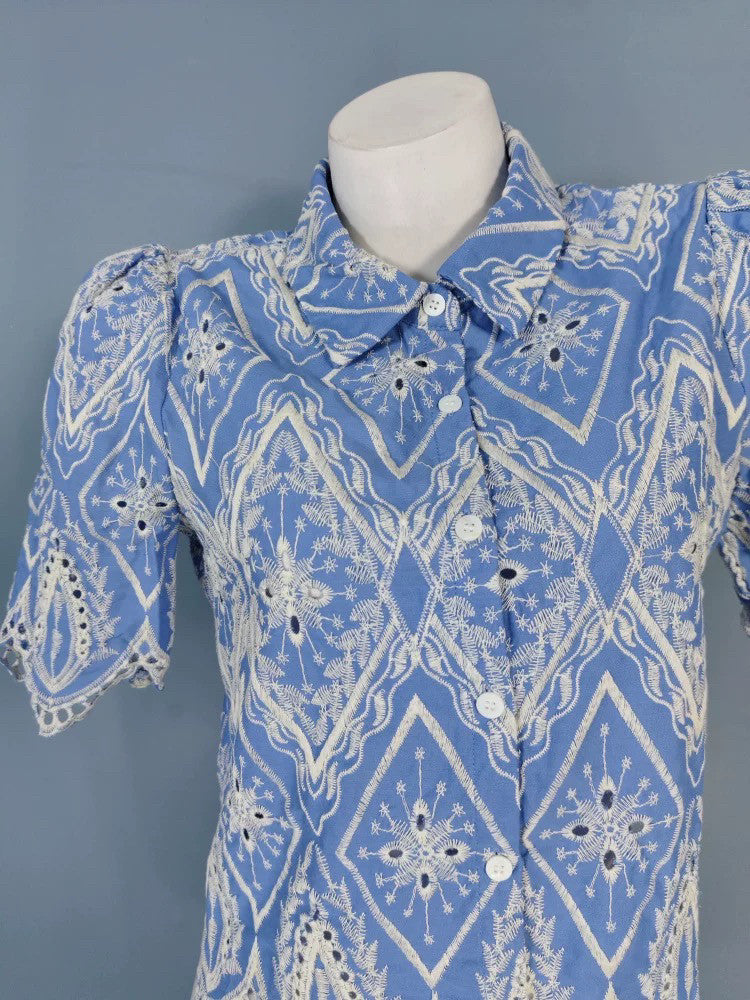 Blue & White Embroidered Puff Sleeve Lace Blouse