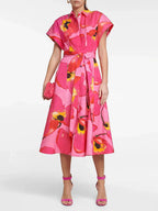 french satin pink dress women's vintage long temperament print maxi skirt niche single-breasted skirt new