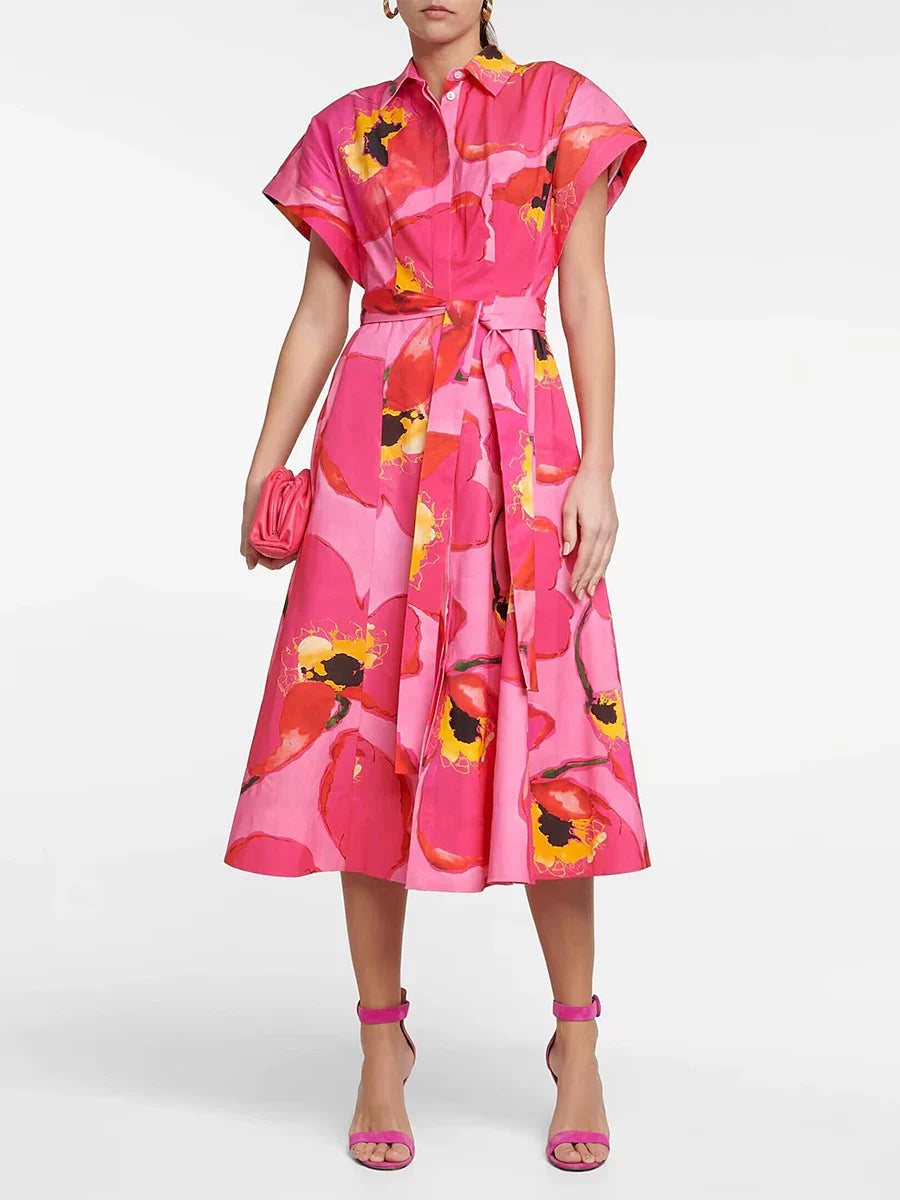 french satin pink dress women's vintage long temperament print maxi skirt niche single-breasted skirt new