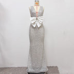 rebecca bow sequin embellished v neck maxi dress in silver