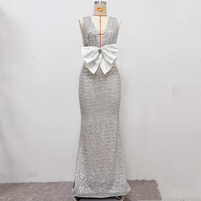 Flowering Girl Women Rebecca Bow Sequin Embellished v Neck Maxi Dress In Silver