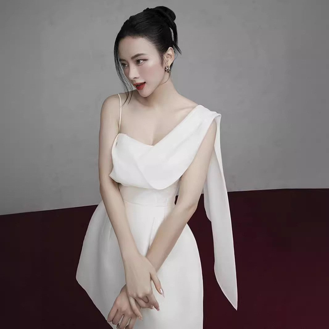 White Asymmetrical One-Shoulder Mini Dress with Sash Tie