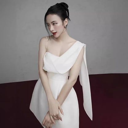 White Asymmetrical One-Shoulder Mini Dress with Sash Tie