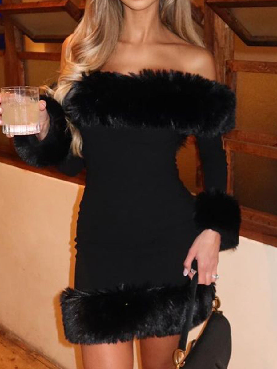 Flowering Girl Women Rita Black Long-Sleeve Off-Shoulder Mini Dress With Fuzzy Details