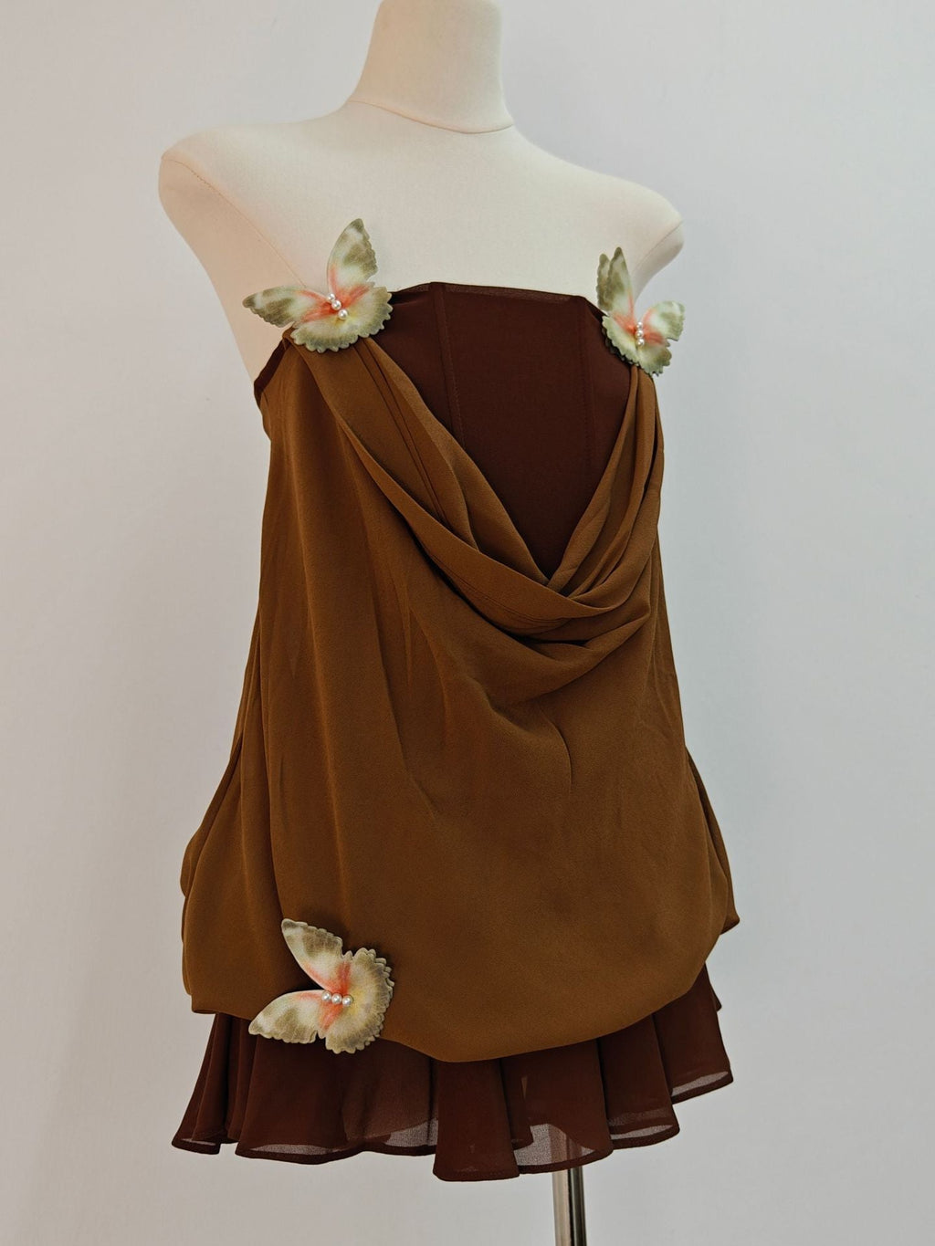 Flowering Girl Women Brown 3d Butterfly Fishbone Tunic Top Mini Skirt Set