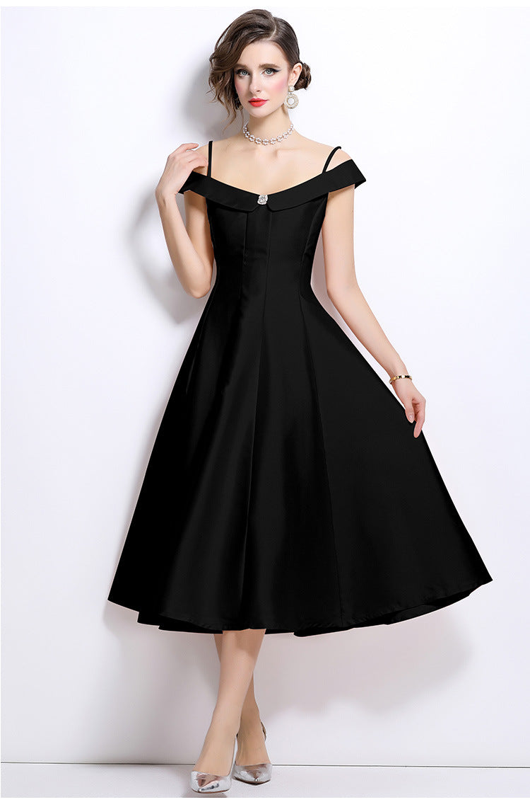 Flowering Girl Women Meroy Off-Shoulder Satin Pleated Midi Dress In Black