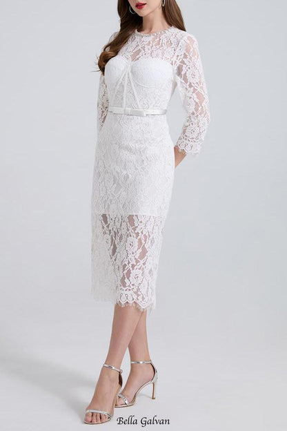 bernice rhinestone fishbone lace midi dress in white