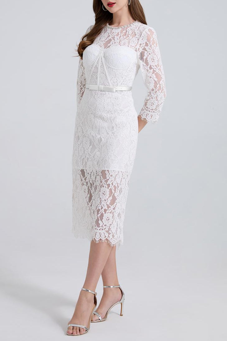 Bernice Rhinestone Fishbone Lace Midi Dress In White