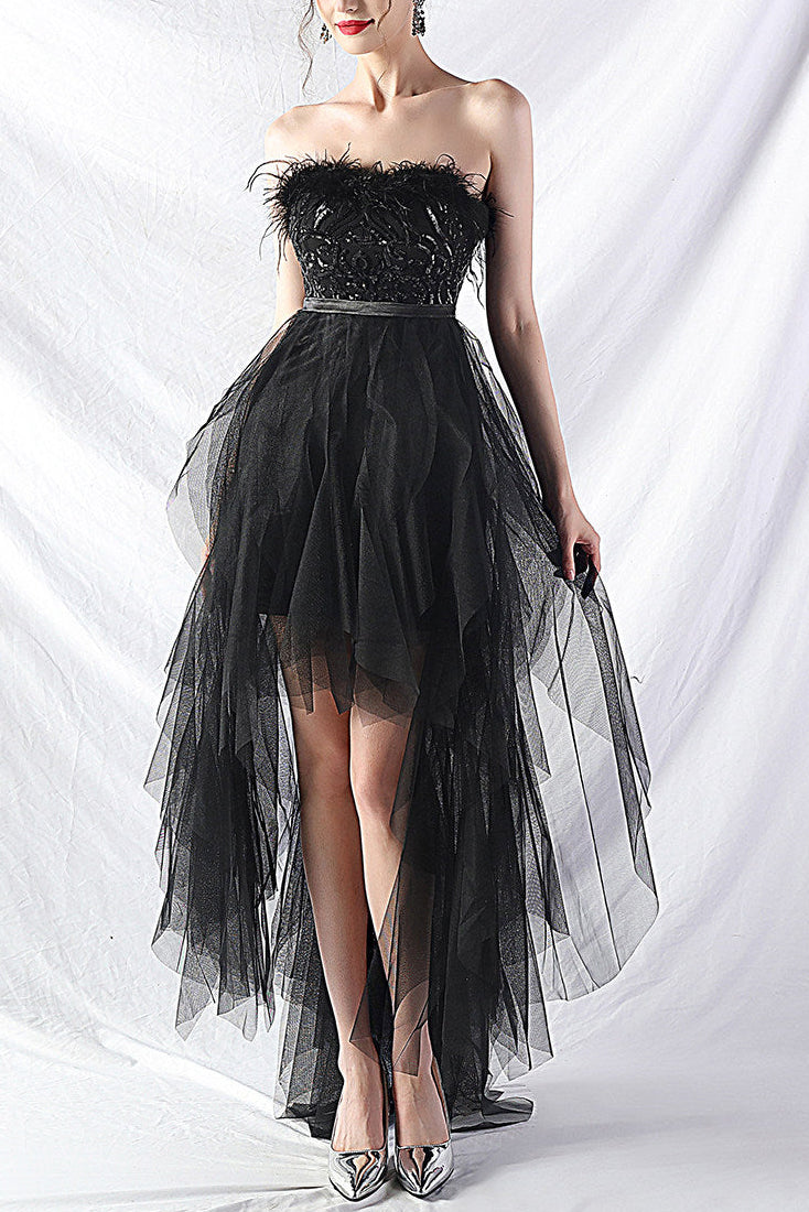 Strapless Feather Tulle Midi Dress