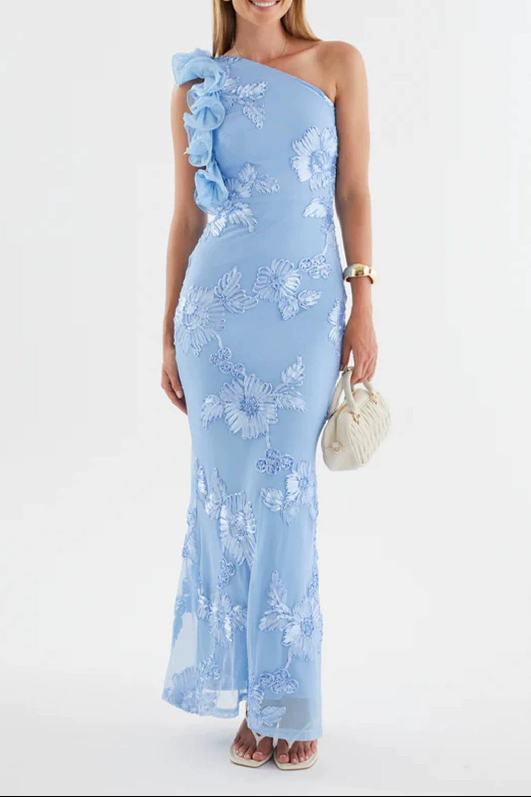 novia one-shoulder 3d flower embroidery bodycon maxi dress - blue
