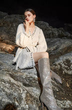 Flowering Girl Women Beige V-Neck Long Sleeve Diamond Stud Coat