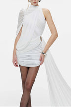 Flowering Girl Women off-shoulder single-sleeve pleated bodycon Ribbon mini dress - white