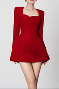 Victoria Red Square Neck Long Sleeve a-Line Mini Dress