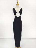 flower V-neck Hollow Out maxi Dress in black
