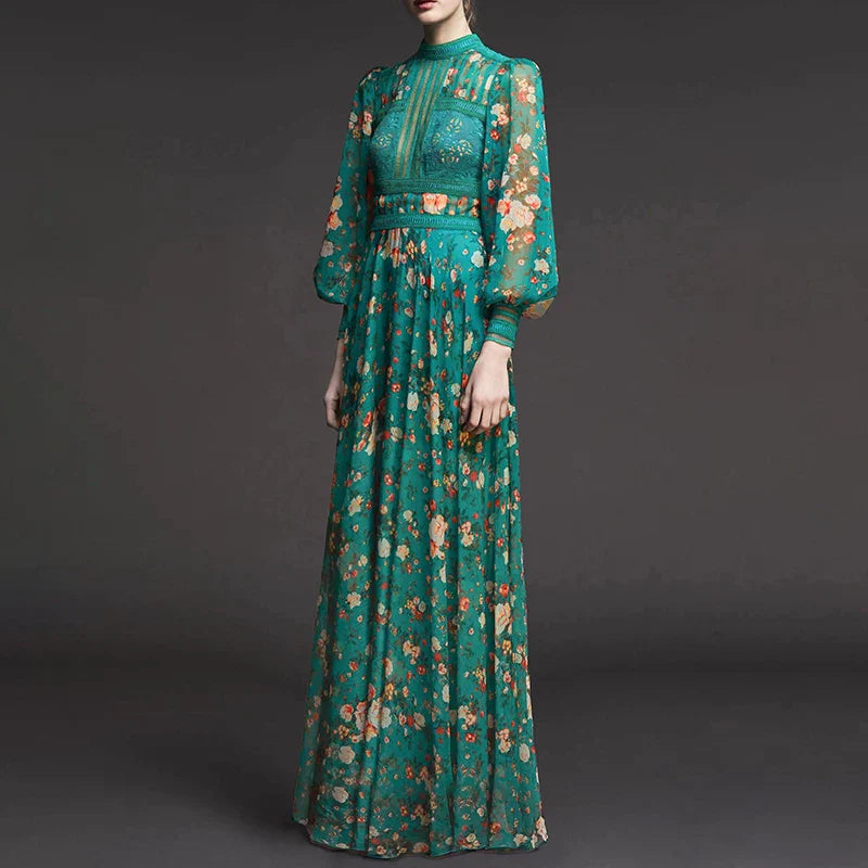 French Retro Green Floral Dress
