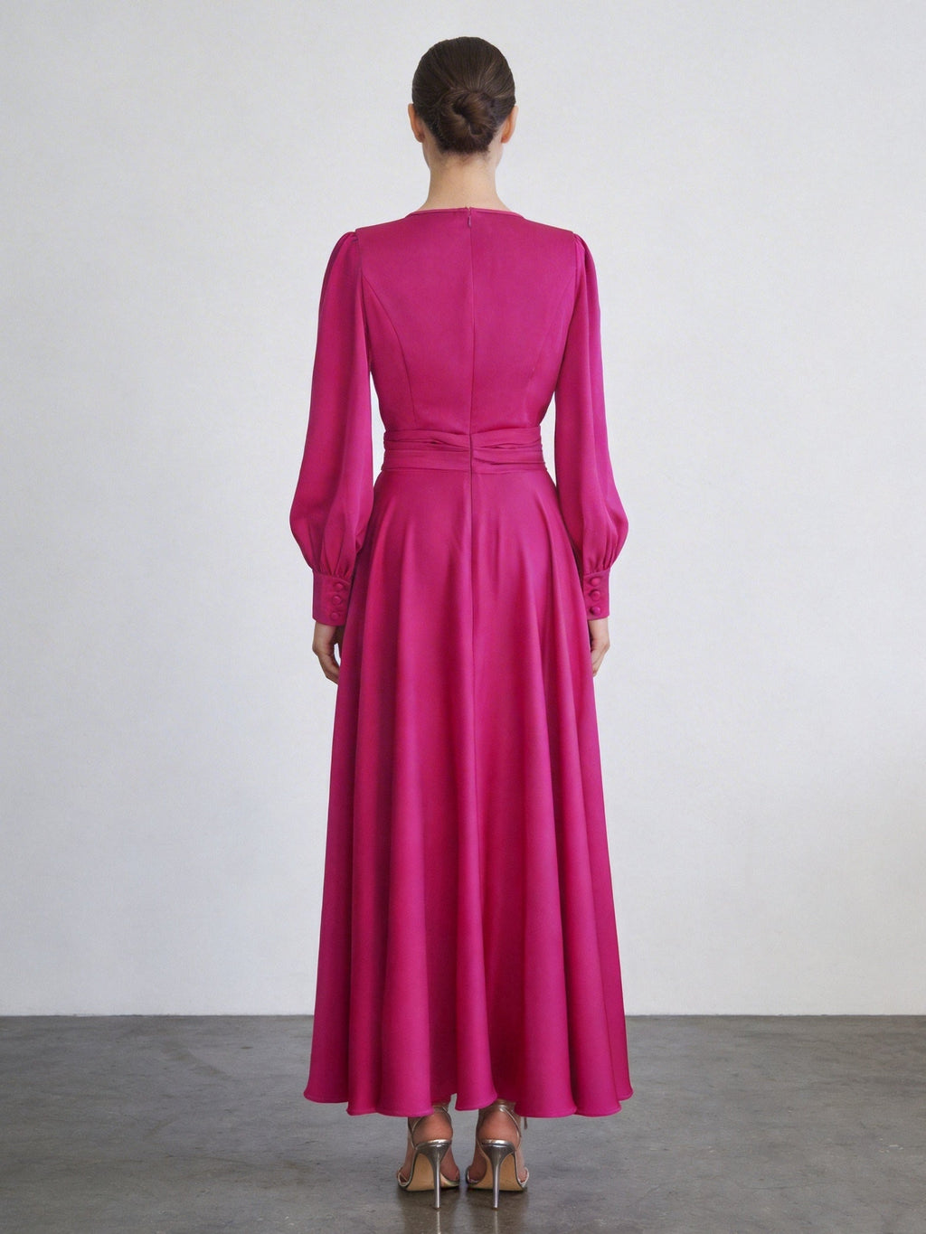 Fuchsia Satin Long Sleeve Maxi Dress With Gathered Waist