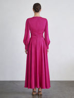 Fuchsia Satin Long Sleeve Maxi Dress With Gathered Waist