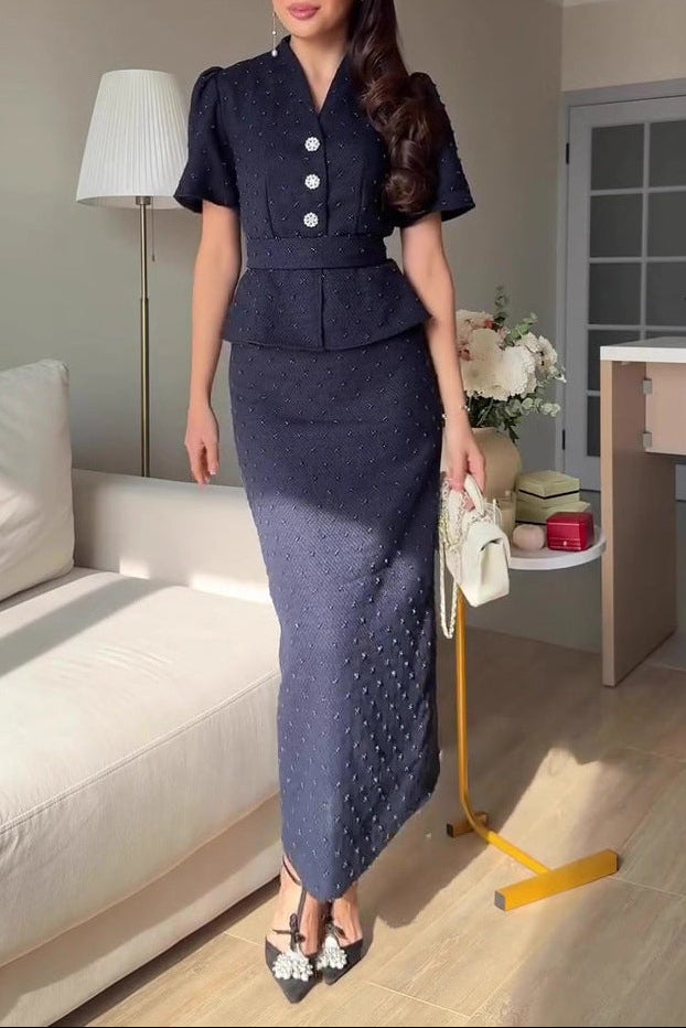 Flowering Girl Women navy blue short-sleeved long skirt suit dress
