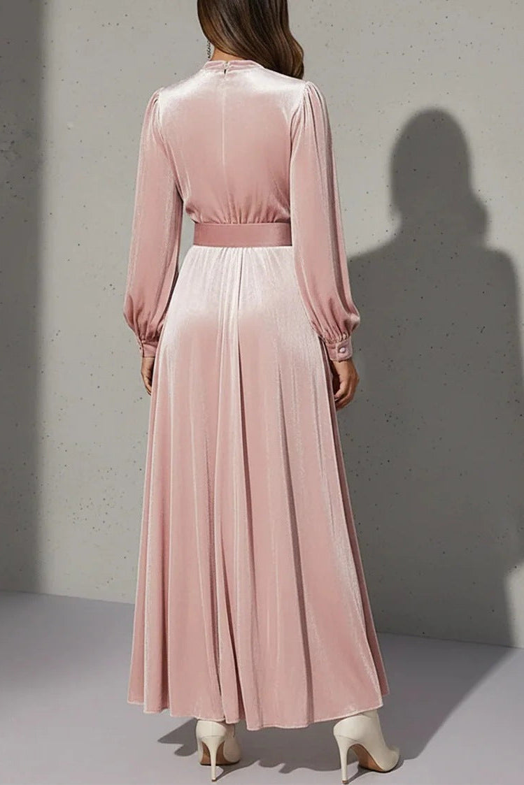 Flowering Girl Women pink V-neck gold velvet maxi dress