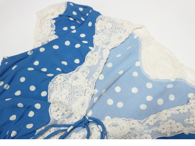 lyuba polka dot Lace-trimmed V-neck maxi dress in blue