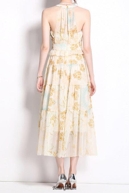 Flowering Girl Women elvira print sleeveless halterneck midi dress in yellow