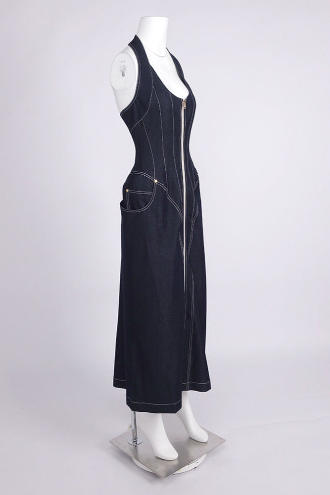Flowering Girl Women Haltered Corseted Midi Dress Denim In Navy Blue
