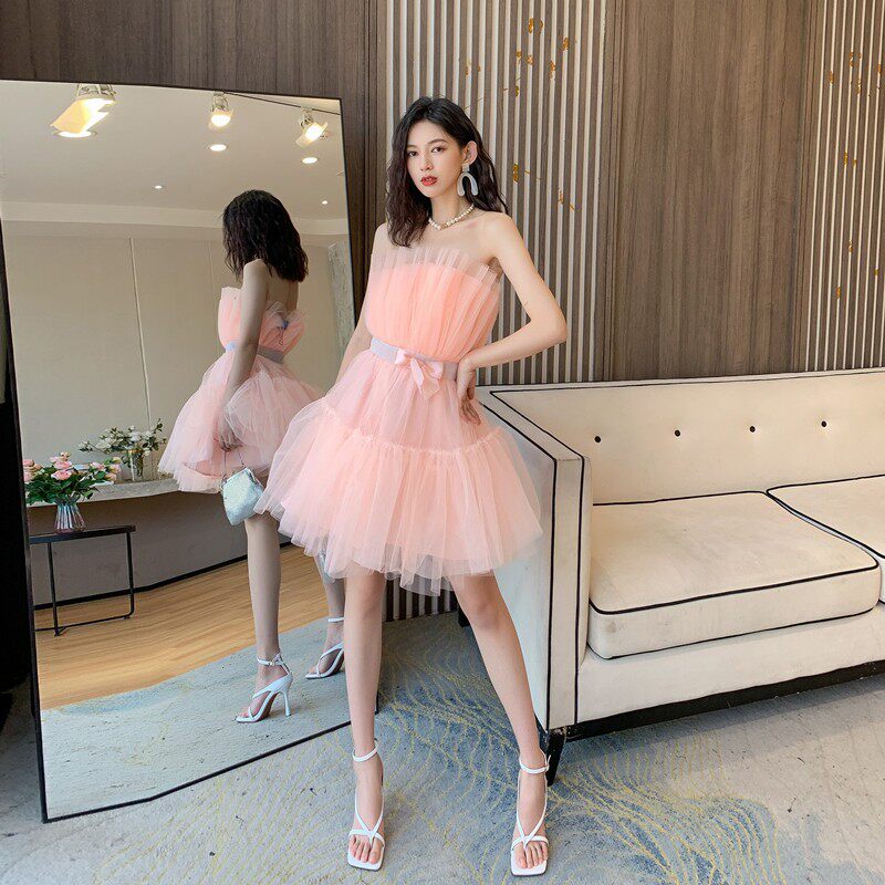 Frederica Bow-Accent Waist-Cinched Strapless Dress - Pink