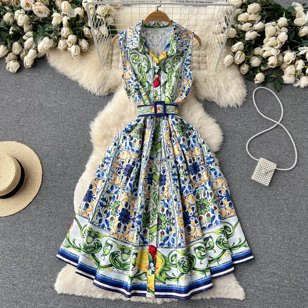 Flowering Girl Women Sleeveless Collared Tile Print Belted A-Line Midi Dress