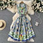 Flowering Girl Women Sleeveless Collared Tile Print Belted A-Line Midi Dress
