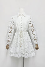 Flowering Girl Women Lapel Hollow Embroidery Puff Sleeve Mini Dress In White