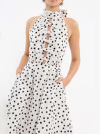 Flowering Girl Women Bow Polka Dot Halter Neck Midi Dress in white