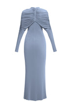 bonnie long sleeve pleated knot bodycon maxi dress in blue