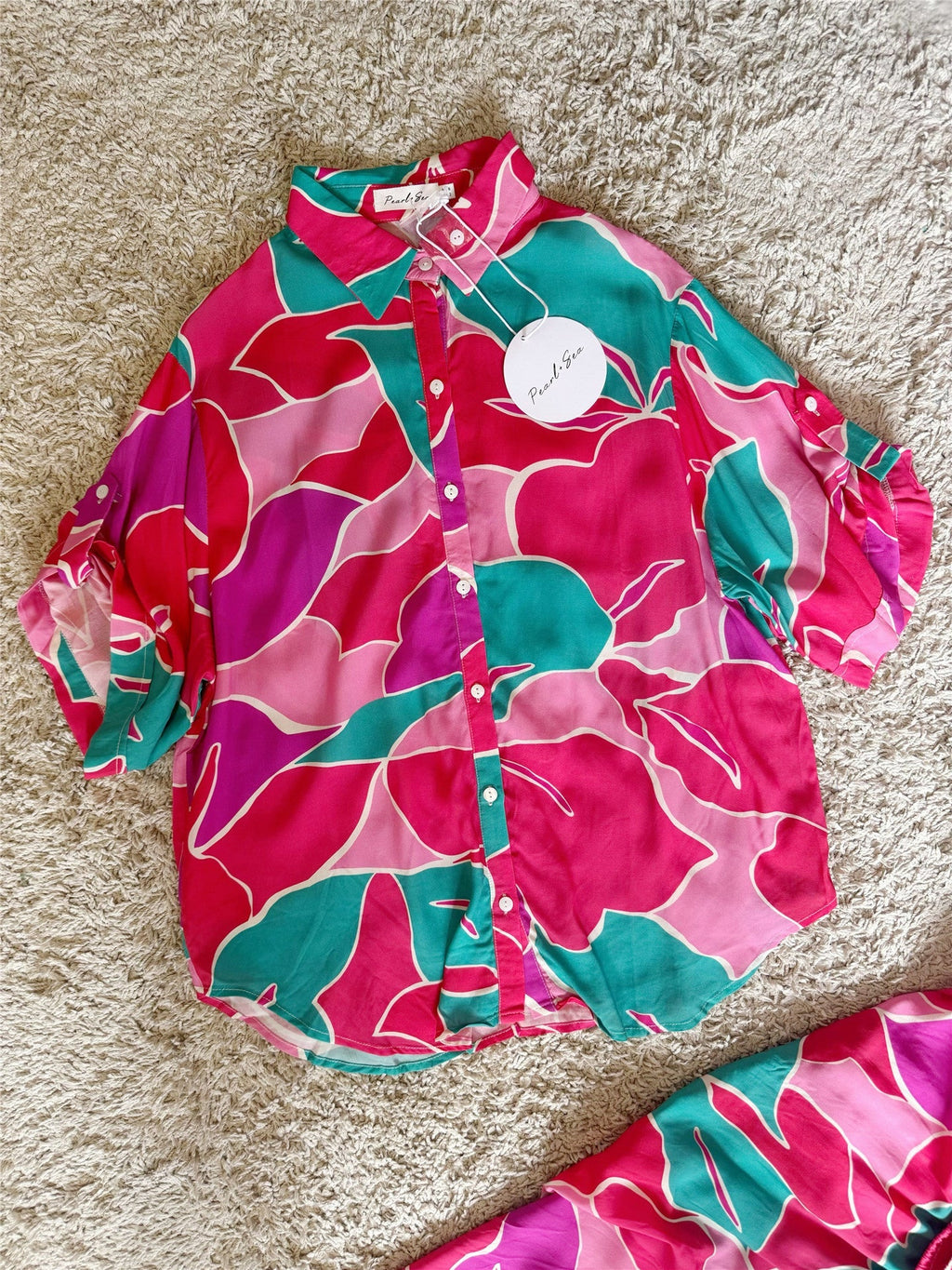 Vibrant Tropical Leaf Print Shirt & Wide Leg Pants Two-Piece Set