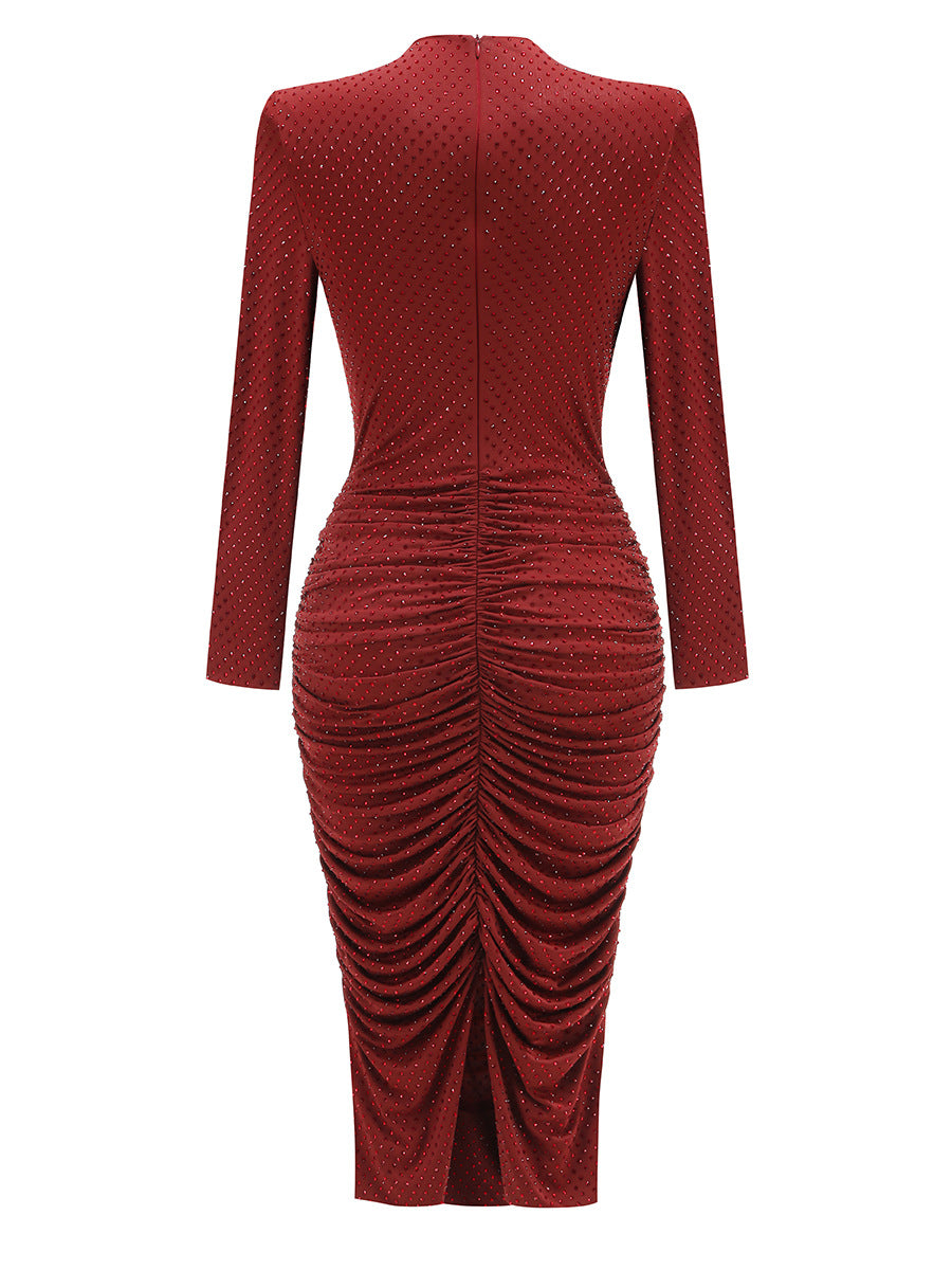 Flowering Girl Women Diamond embellished pleated Midi Dress in merlot