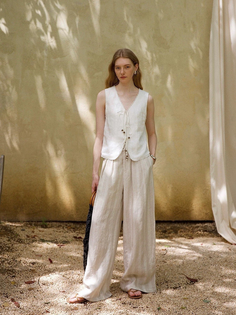 Beaded Linen Lace-Up Access Vest