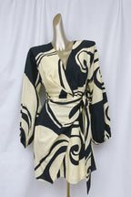 oceanic swirl v-neck puff sleeve mini dress