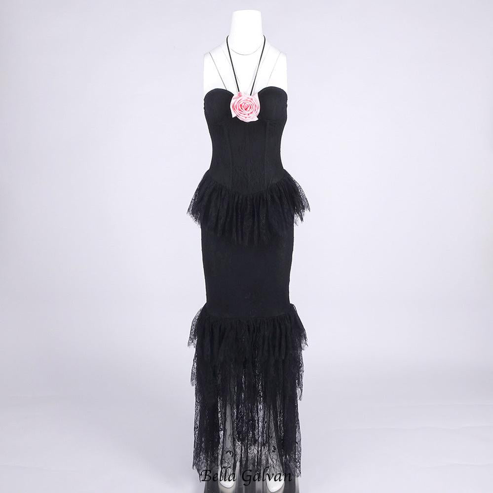 Flowering Girl Women Lace Tiered flower Strapless Maxi Dress in black