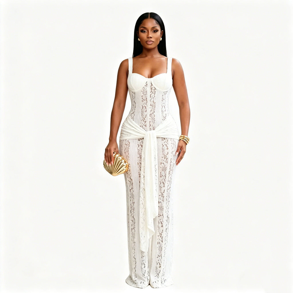 Flowering Girl Women Corset Lace Maxi Dress with Draped Sash
