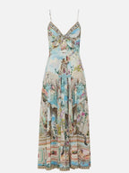 Flowering Girl Women Retro oil painting print halter maxi dress
