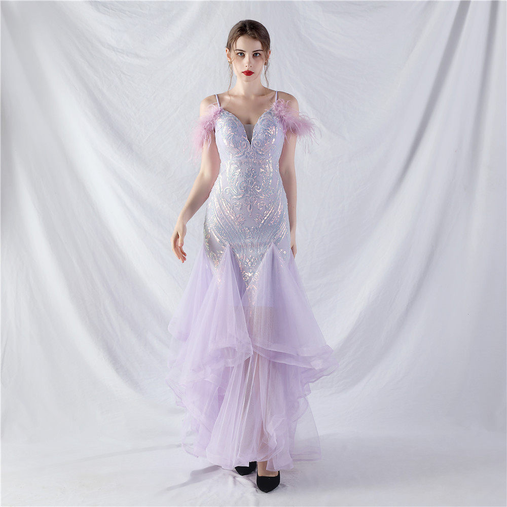 Flowering Girl Women Feather Sequin Strapless Tulle Maxi Dress