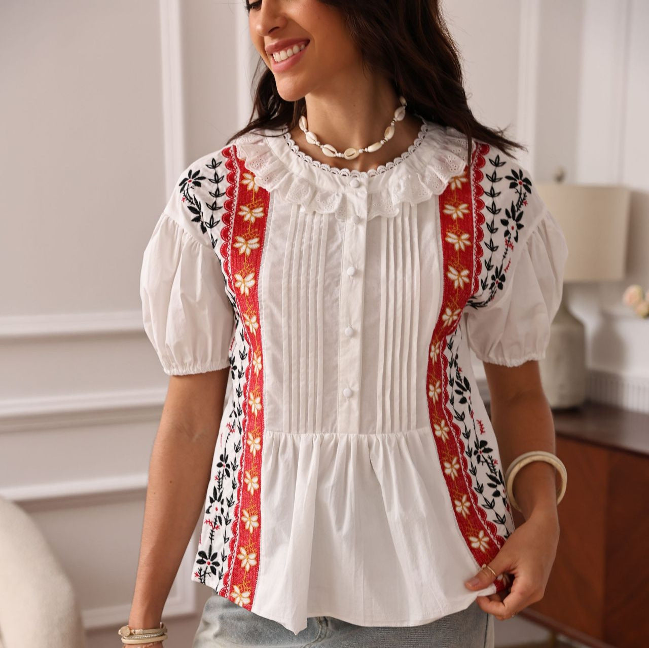 Embroidered Cotton Short-Sleeved Lace Hollow Button Top